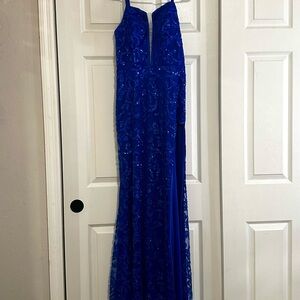 Spaghetti Front Split Beaded Royal Blue Prom Dress